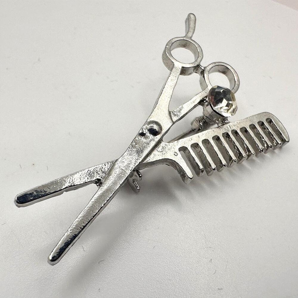 Vintage 90s Silver Tone Scissor and Comb Brooch Hair Stylist Barber Glass Pin